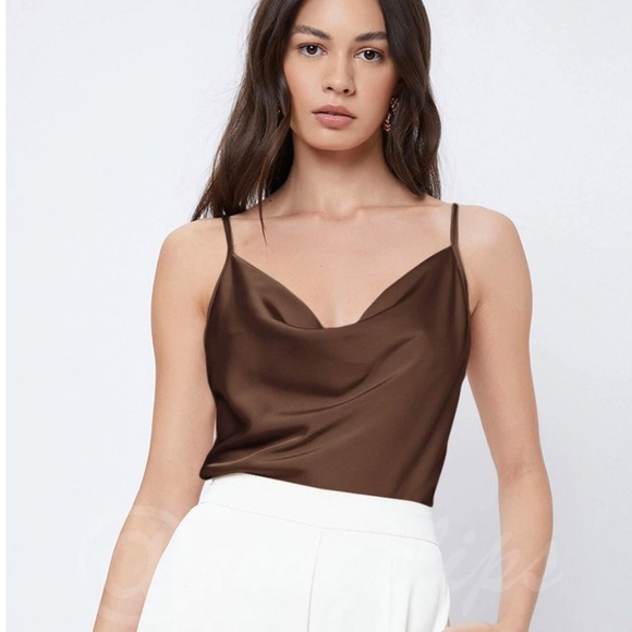 Brown Glamorous Cowl Neck Spaghetti Straps Camisole Top Cami, Draped - Picture 1 of 10